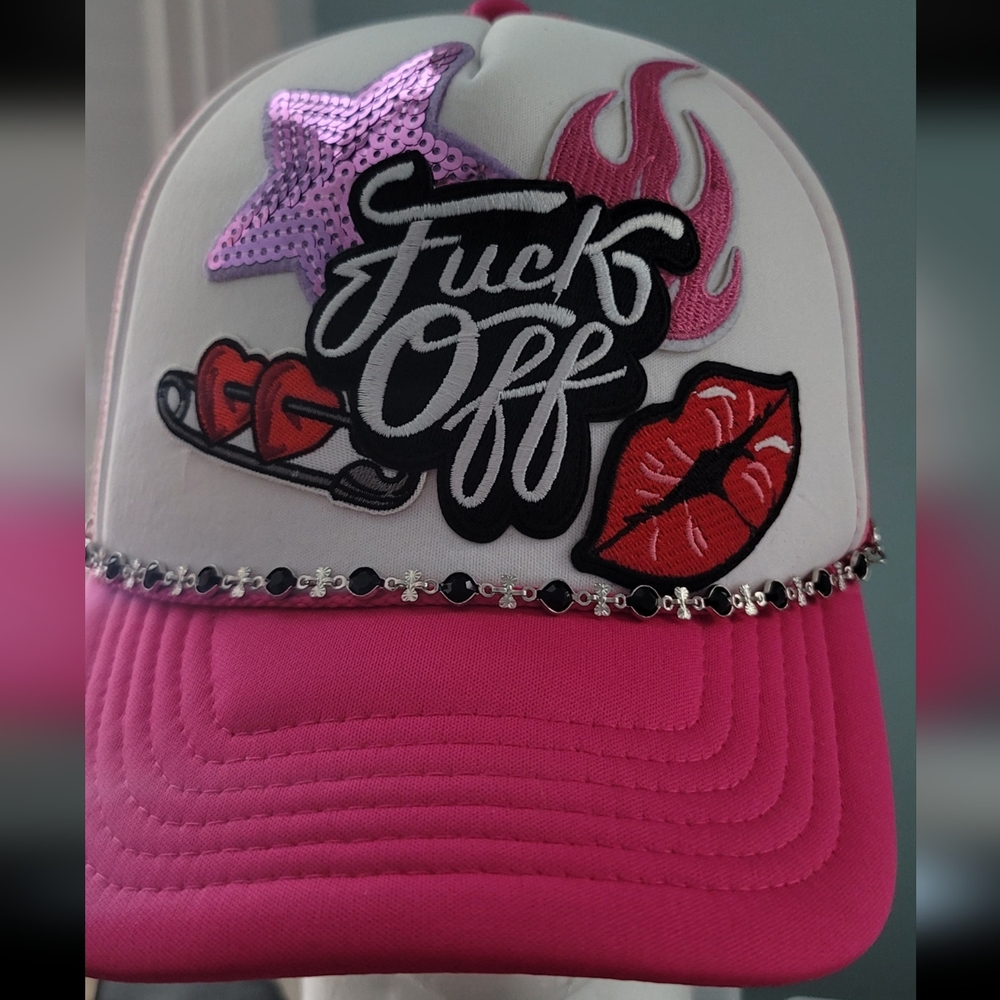 Stylish Pink and White Cap with Embroidered Patches